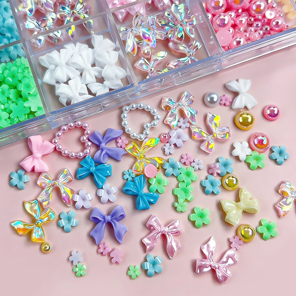 

24Grids Mixed Resin Nail Charms Set 3D Pearlescent Bowknot Flower Nail Art Decoration Hollow Heart Pearl Beads Nail Art Supplies