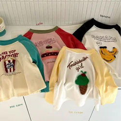 2025 Spring Autumn boys and girls fruit embroidery T shirts unisex children contrast color long sleeve Tops