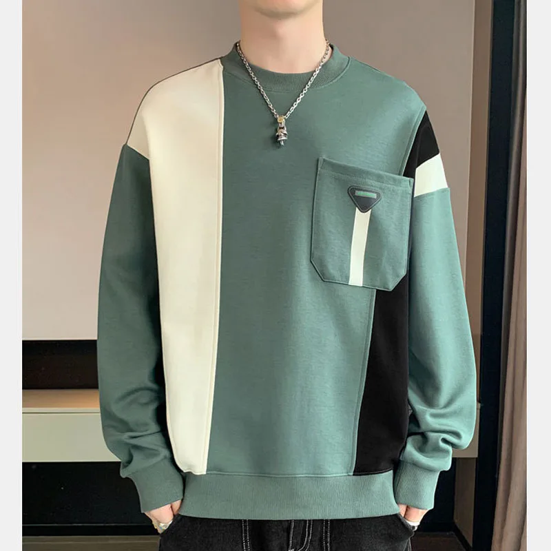 New Spring and Autumn Fashion Brand Splice Colored Round Neck Loose and Versatile Handsome Casual Men's Long Sleeve Sweater