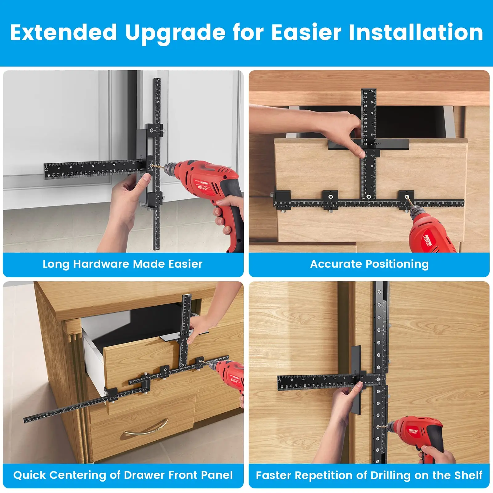 Adjustable Drill Guide Cabinet Hardware Jig for Installation Door and Drawer Front Handles Locator Woodworking Tool