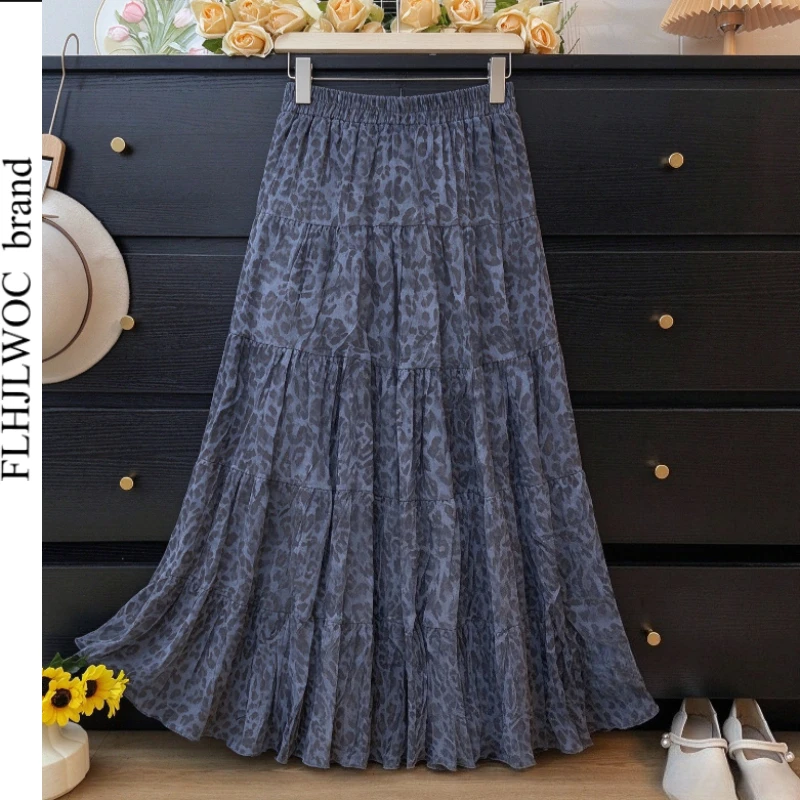 Leopard Long Maxi Skirts Autumn Spring Women's Vintage Ruched Retro Print High Waist A-Line Pleated Long Skirt for Casual Party