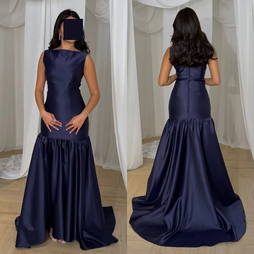 

Customized Charmeuse Pleat O-Neck Trumpet Long DressesBespoke Occasion High Quality Women Evening Dress Elegant Party Gown