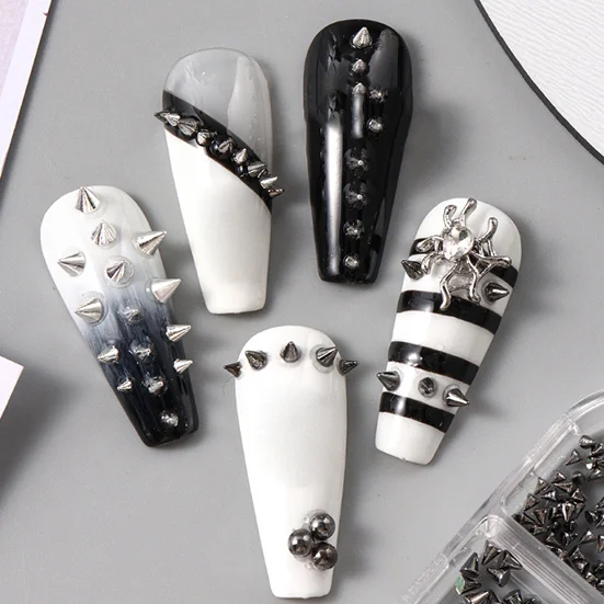 6 Grids Metal Spike Nail Charms Mixed Size Black Silver Cone Rivet 3D Alloy Nail Studs DIY Nail Art Decorations