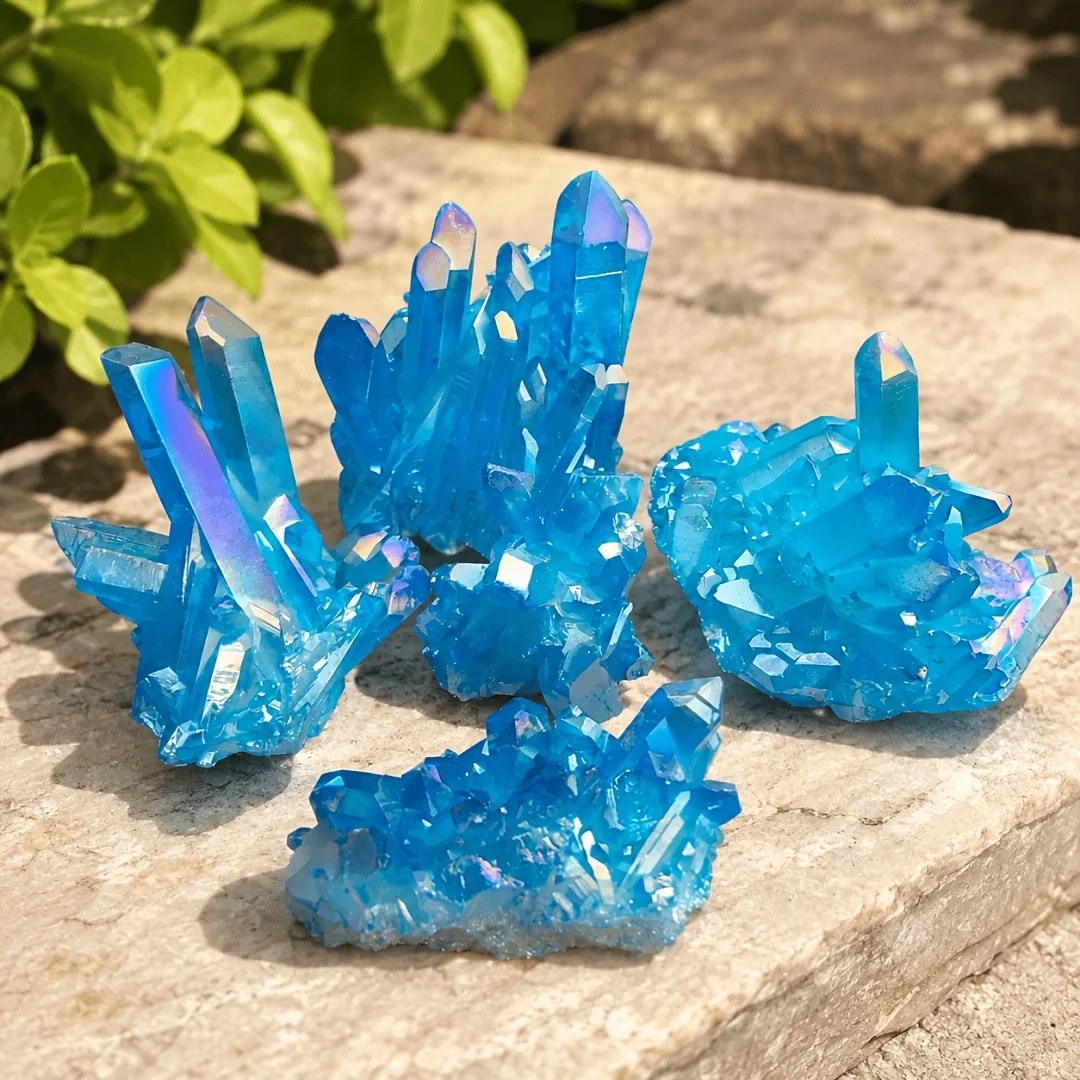 1pc Electroplated Light Blue Crystal Cluster, Stone Decorative Mineral Specimen, Tabletop Ornament, Crystal Cluster Decoration