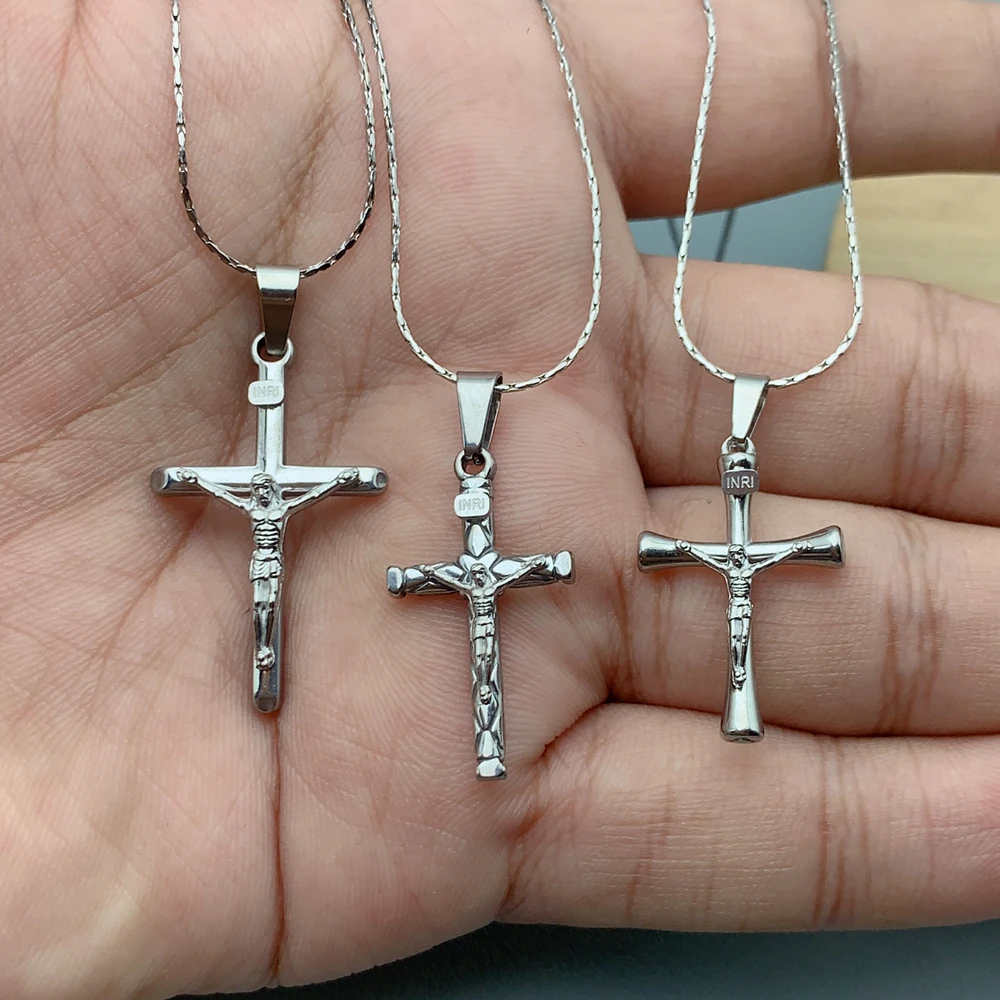

2 Pieces Fashion Hip Hop Stainless Steel INRI Jesus Cross Pendant Necklace For Women Simple Sacred Cross Religious Jewelry Gifts