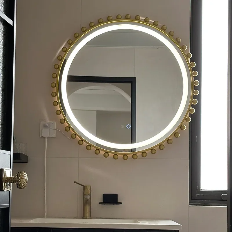European Wrought Iron Bead Decorative Mirror LED Anti Fog Smart Bathroom Makeup Light for Toilet Sink Wall Hanging Home Decor