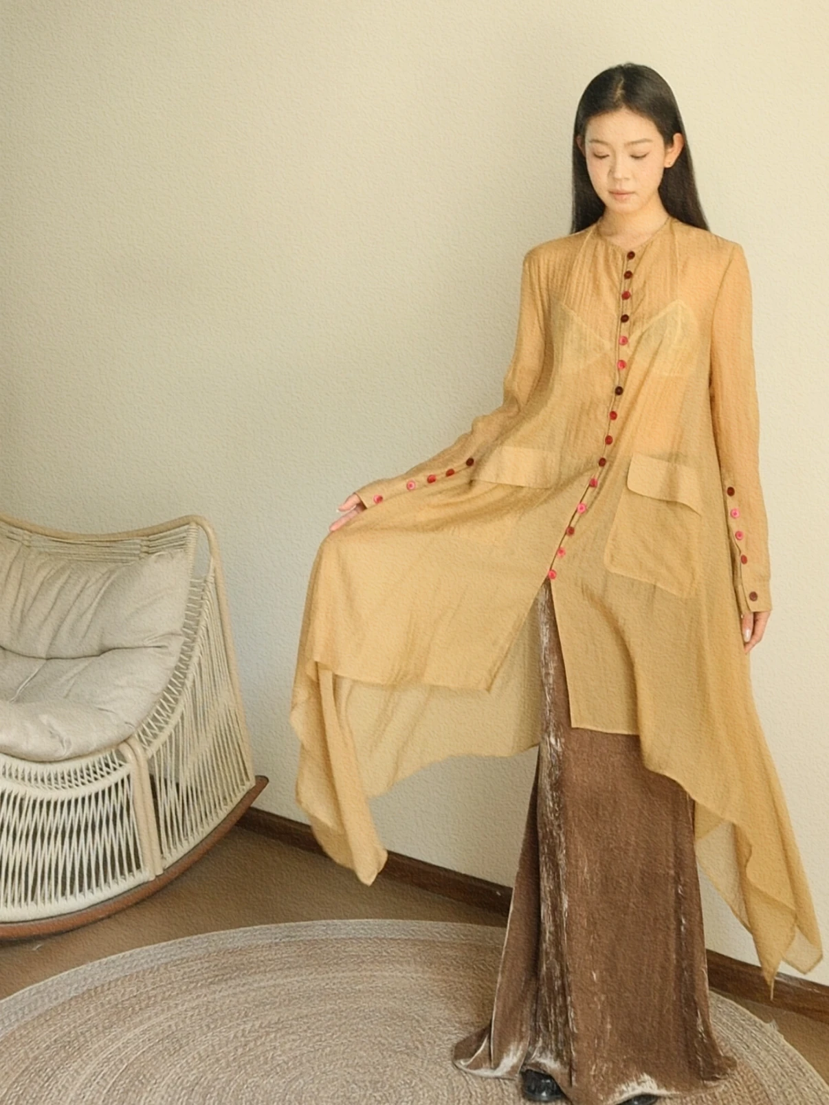 

Original Design Silk Linen Chinese Sle Long irt Dr Gentle Outerwear Soft Ele Coat Straight Cut Regular Sve Length