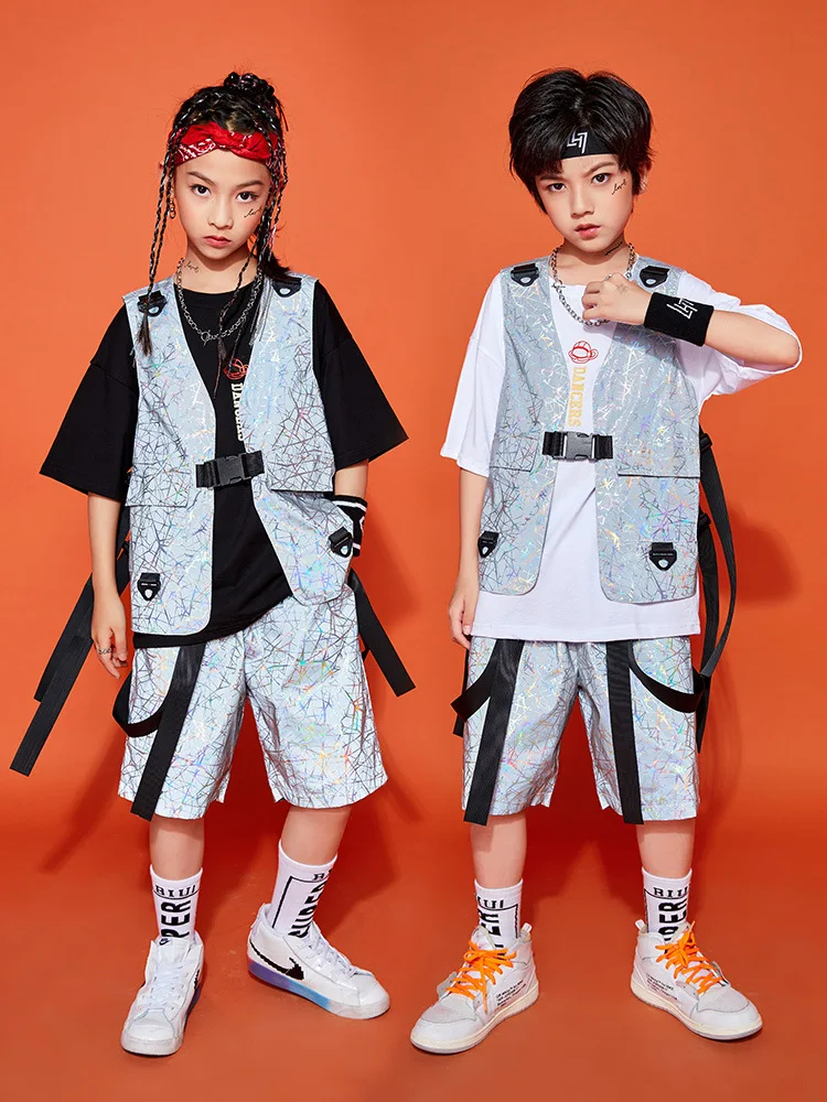 

Kid Hip Hop Clothing Geo Print Reflective Sleeveless Jacket Vest Casual Strap Shorts for Girl Boy Jazz Dance Costume Clothes Set