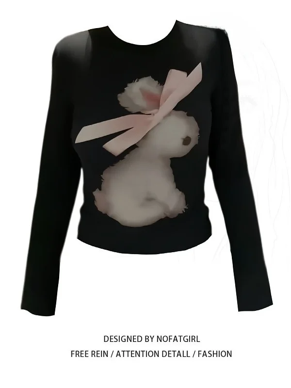 

Женская футболка больших размеров с длинным рукавом, принтом кролика и лентами, приталенная, красивая, для ранней осени