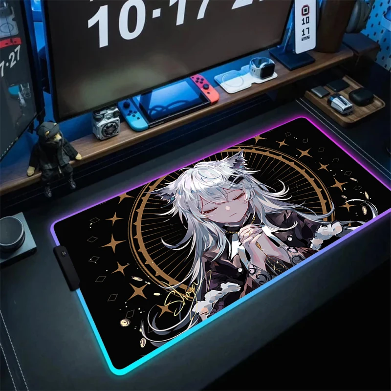 Imagem -02 - Arknights Rgb Gaming Mouse Pad Borracha Colorido Luminoso Grande Iluminação Led Gamer Teclado Tapete de Mesa Anime Menina 900x400