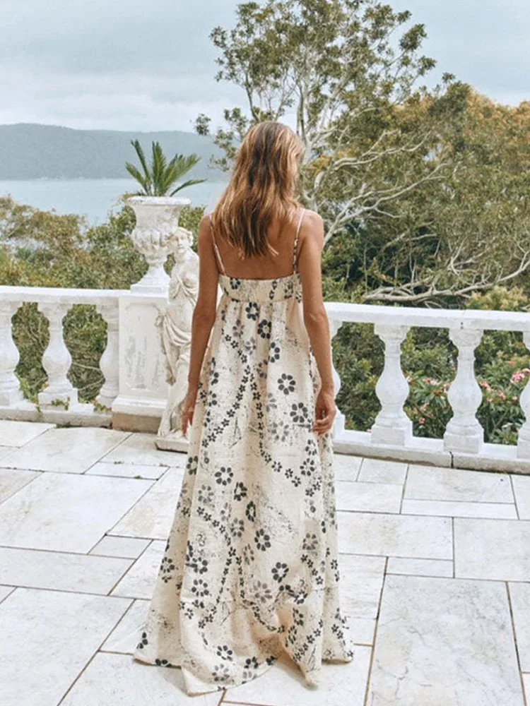 Women Floral Print Strappy Dress White Sleeveless Backless A-line Floor-length Dress Elegant Casual Holiday Vacation Prom Robe