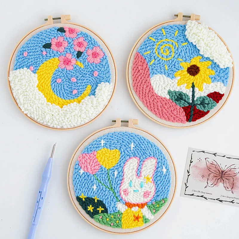 Flower Punch Needle Embroidery Starter Kit DIY Threader Fabric Hoop Yarn Rug Punch Needle Pock Pen for Adults Beginner