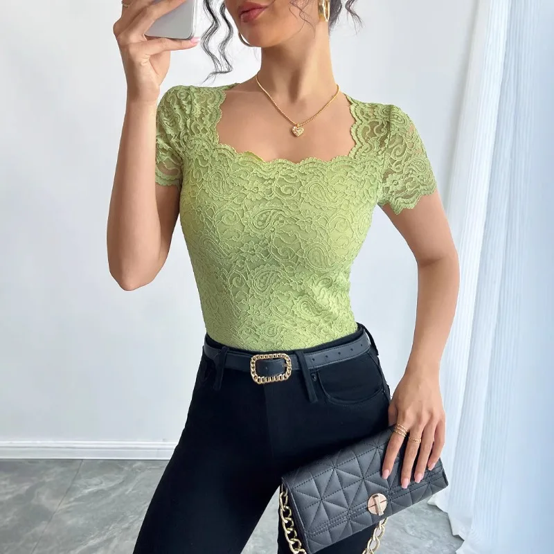 

2025 Spring/Summer New Women's Solid Color Lace Slimming Square Neighbor Short sleeved T-shirt Top for Women