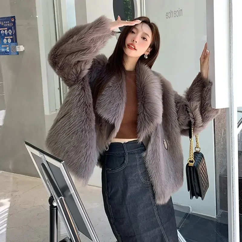 Winter New Women Temperament Faux Fur Coat Female Niche Trend Suit Collar Solid Color Outcoat Warm Casual Versatile Outerwear