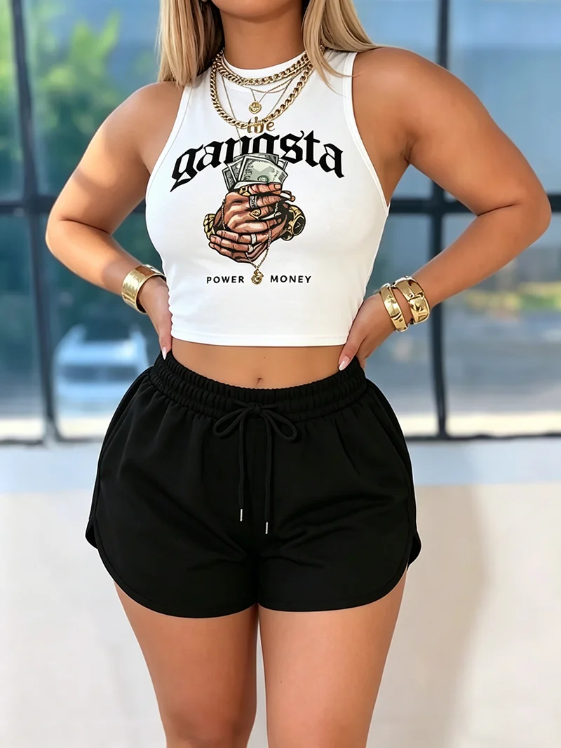 

Women's Set - Summer Casual Elegant Round Neck Letter Pattern Printed Tank Top+Elastic Waist Strap Solid Color Shorts Set