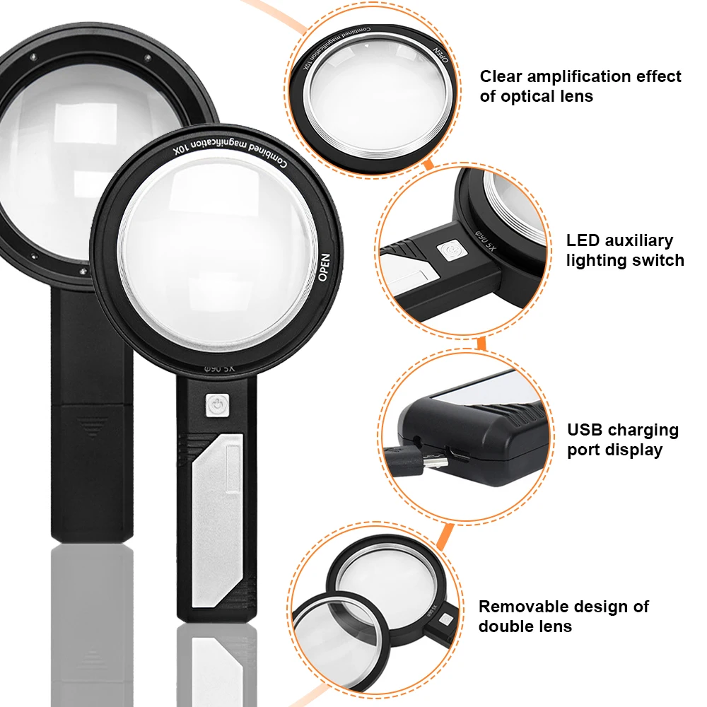 TKDMR 20/15/10X Illuminating Reading Magnifying Glasses Handheld USB Rechargeabl Magnifier with 8led for Antique Jade Jewelry