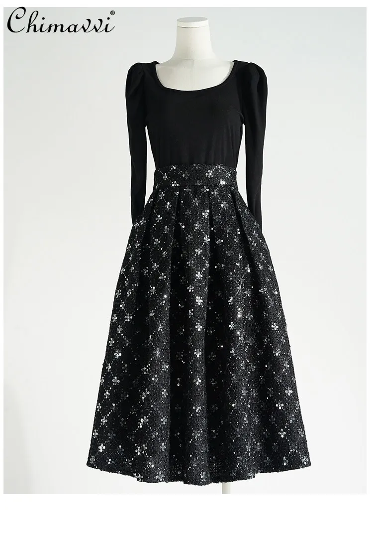 

2026 Spring French Elegant Heavy Industry Sequin High Waist A-Line Long Skirts Elegant Versatile Fashion Pleated Skirt for Women