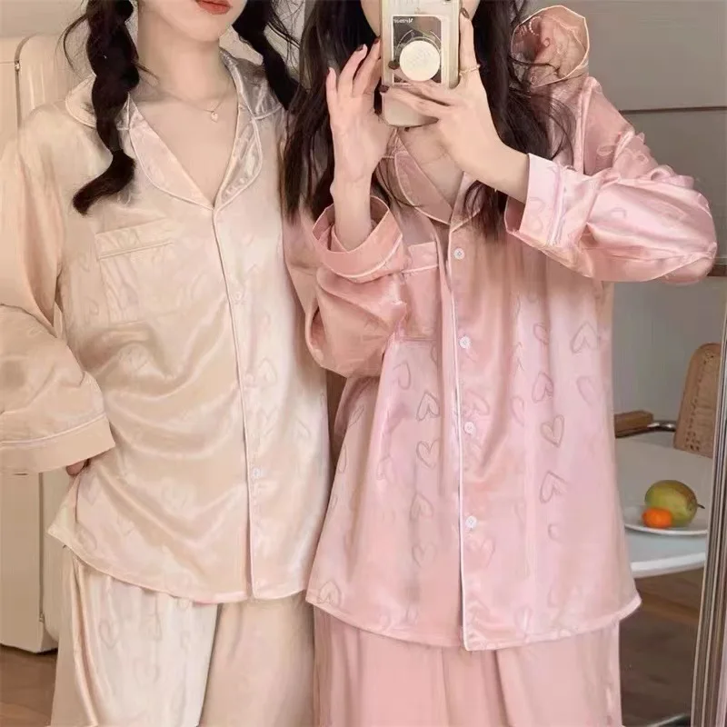 

Women's Spring and Summer New Ice Silk Pajamas Homewear Set of Girls Jacquard Love Love Cute Leisure Pajamas Underwear Women