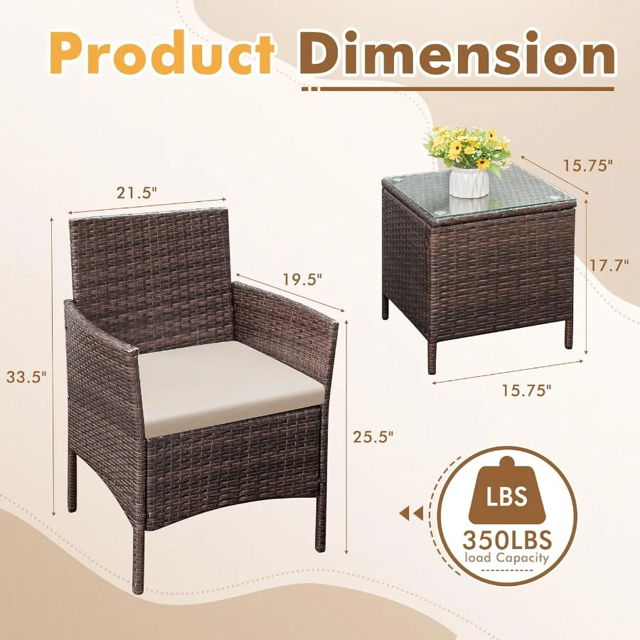 Set Furnitur Patio 3 Buah Furnitur Luar Ruangan Rotan Tahan Cuaca Kursi Patio dengan Meja Kaca Tempered untuk Beranda Bistro Balkon