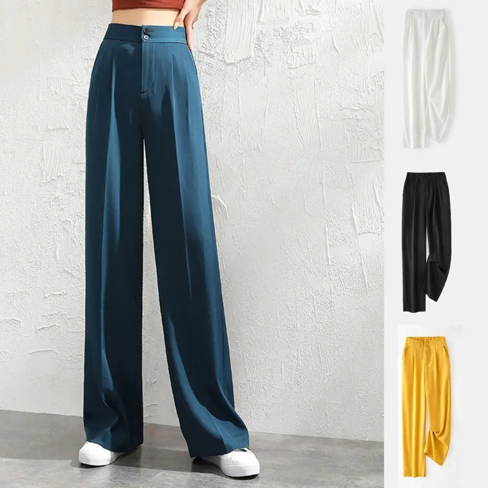 

Woman Pants Solid Color High Waist Slant Pockets Suit Trousers Straight Wide Leg Draped Office Breathable Pants Female Clothing