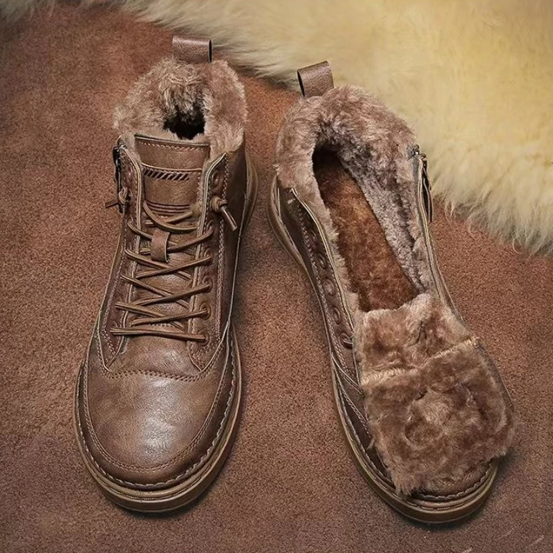 

2025 New Arrival Men's High Top Leather Cotton Padded Winter Boots Warm Fleece Lined Trendy Work Snow Shoes