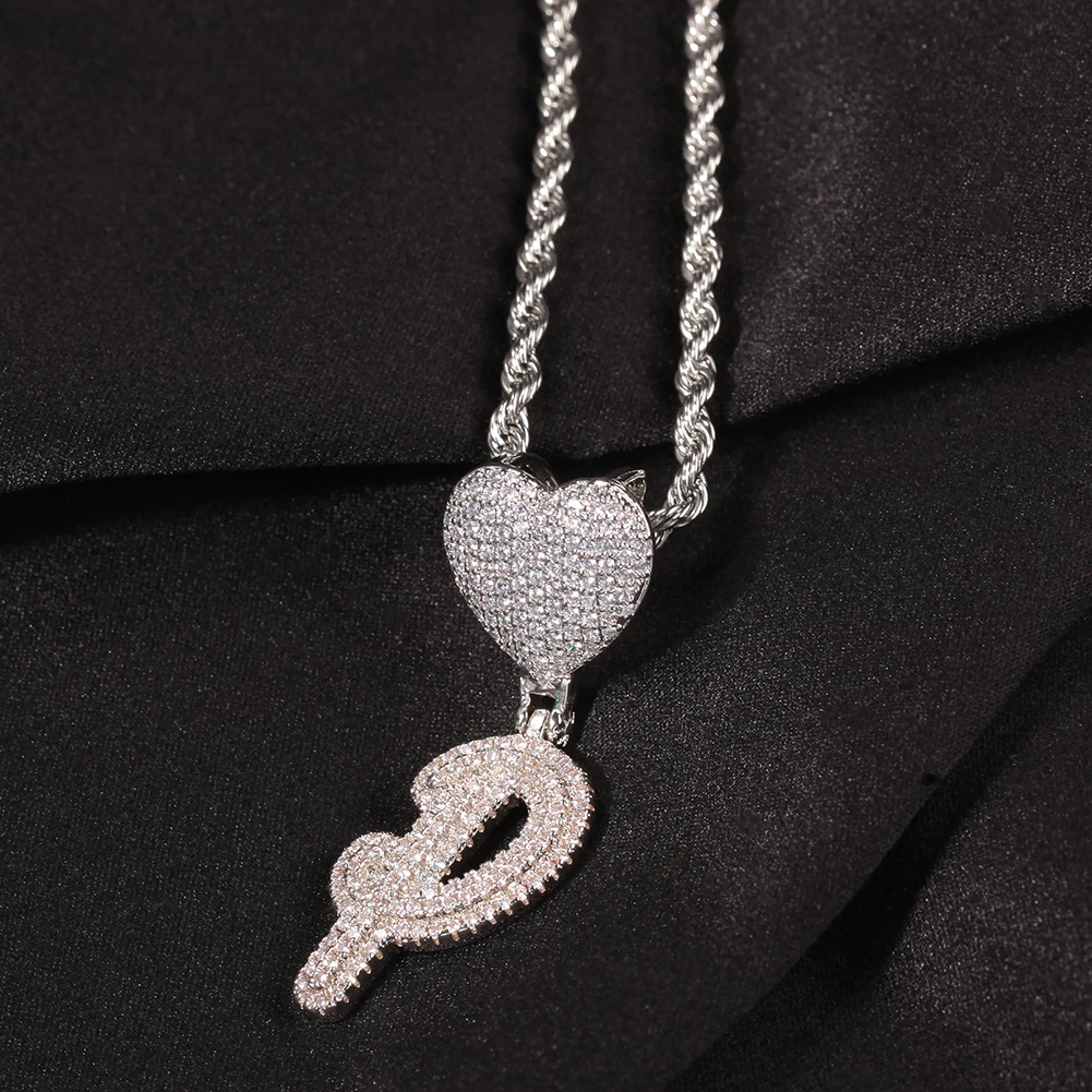 Uwin Intial Name Necklace Brush Letters With Heart Bail Brush Cubic Zirconia Jewelry Charm Hip Hop Drop Shipping 