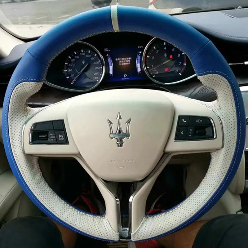 

For Maserati Ghibli Levante Quattroporte Hand Stitched blue white Genuine Leather Car Accessories Car Steering Wheel Cover