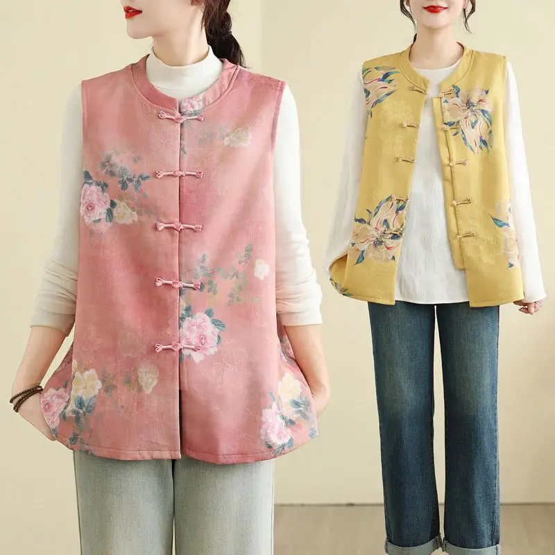 

Жилет в китайском стиле с застежкой-пряжкой, осенне-зимний, новый, без рукавов, ретро, с жаккардовым принтом, больших размеров, женская одежда