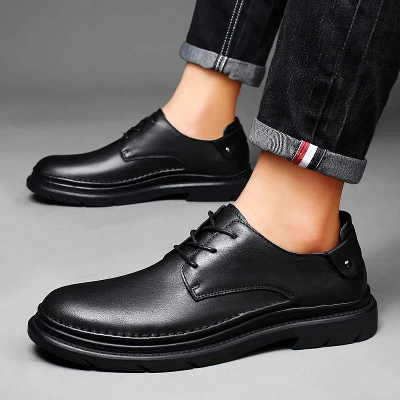 

Мужские кожаные туфли на шнуровке, коричневые повседневные однотонные лоферы на платформе с круглым носком, на толстой подошве, весна-осень 2023