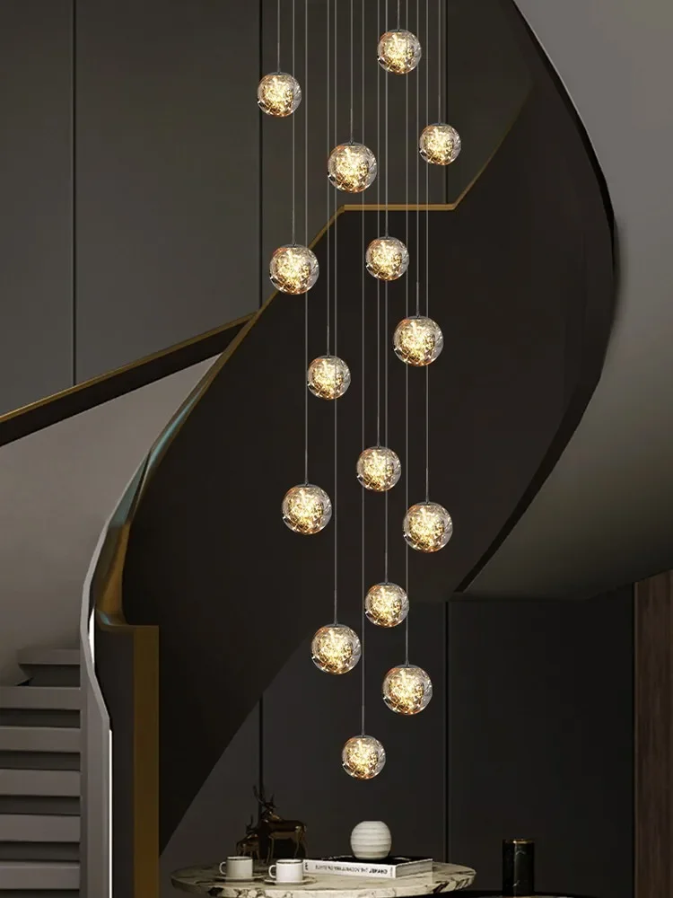 

Staircase Pendent Lamps LED Smoked Glass Chandelier Villa Living Room Lighting Luster Hanging Lamp Modern Stair Ball Chandeliers