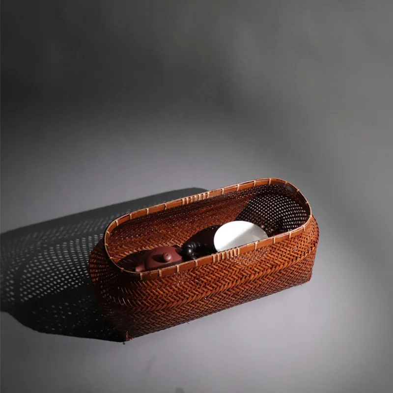 Handwoven Bamboo Storage Basket Japanese Style Tea Set Organizer Fruit Container Handmade Craft Home Kitchen Desktop Storage Box