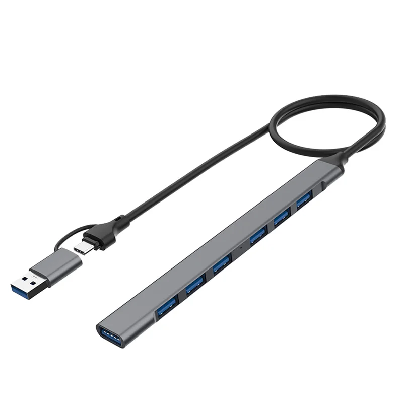 7 منافذ USB Hub Slim Mini 2 in 1 (USB-C+USB 3.0) إلى USB 2.0X6+USB 3.0X1 5Gbps ناقل حركة سريع USB3.0 Hub