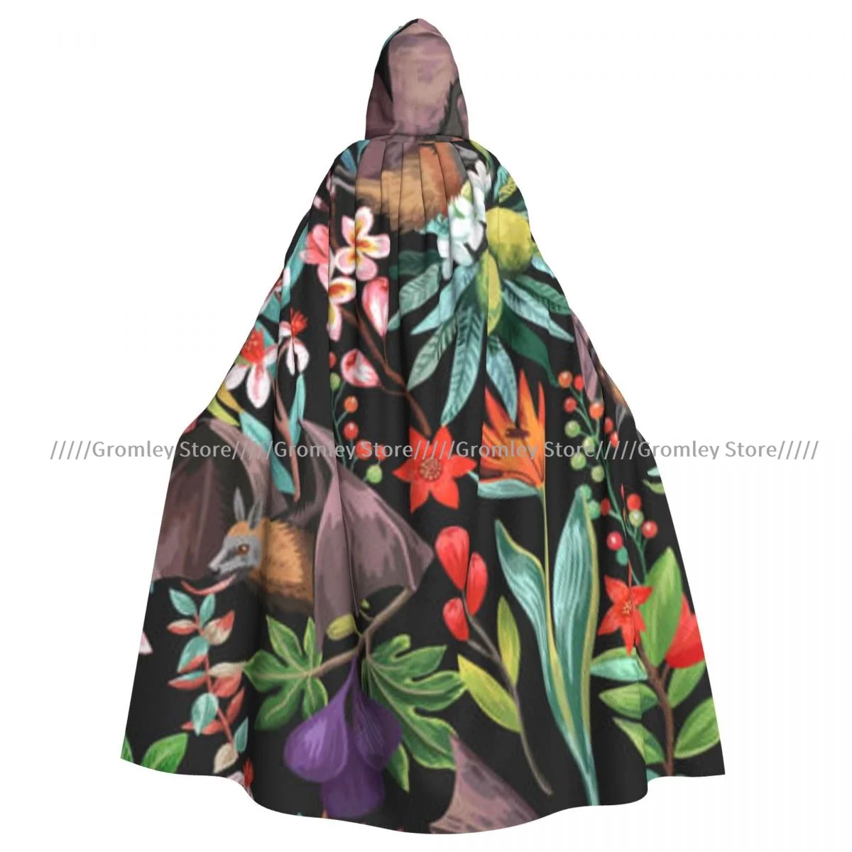 Witch Long Hooded Robe Exotic Tropical Fruits And Bats Halloween Cloak Cosplay Costumes for Adult