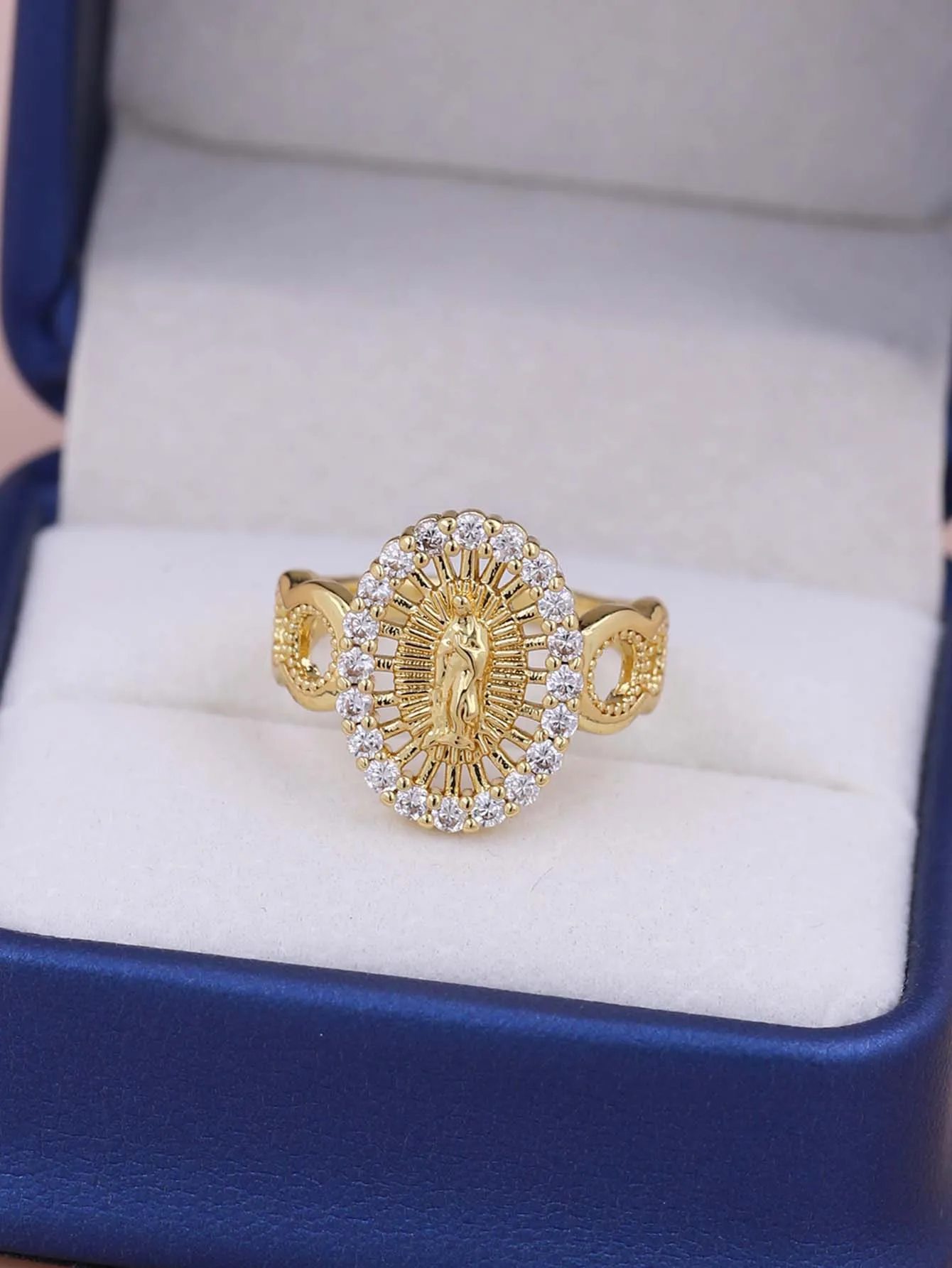Classic Versatile Geometric Shape White Zircon Plated Gold Copper Virgin Mary Ring Women Daily Wearing Jewelry