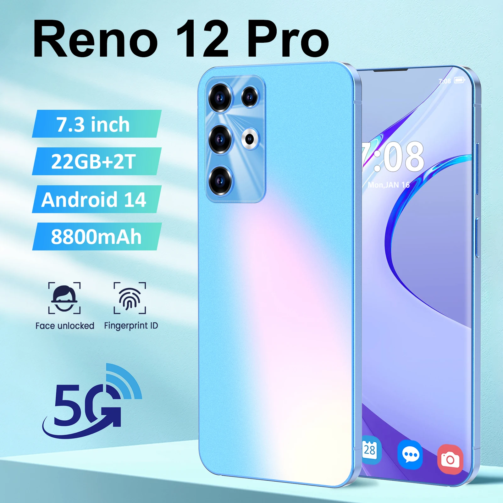 Original Reno 12 Pro  Smartphone  Android 14 7.3’ Full Screen, 72+108MP Cameras, 22GB+2TB, Qualcomm8 Gen 2, Global SIM