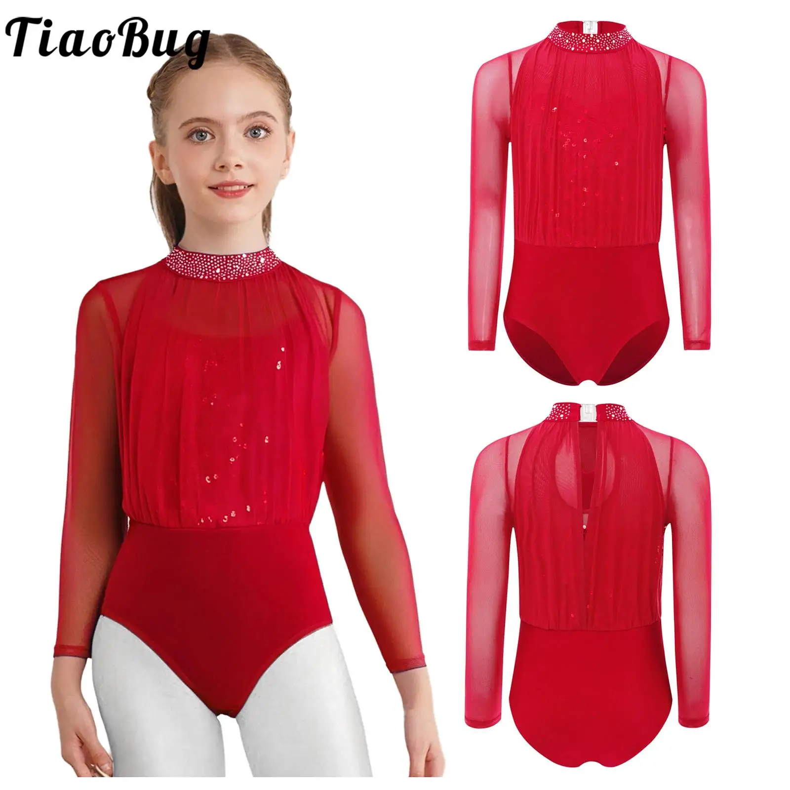 

Kids Girls Figure Skating Modern Dance Costume Long Sleeve Keyhole Back Sequins Rhinestones Sheer Mesh Leotard