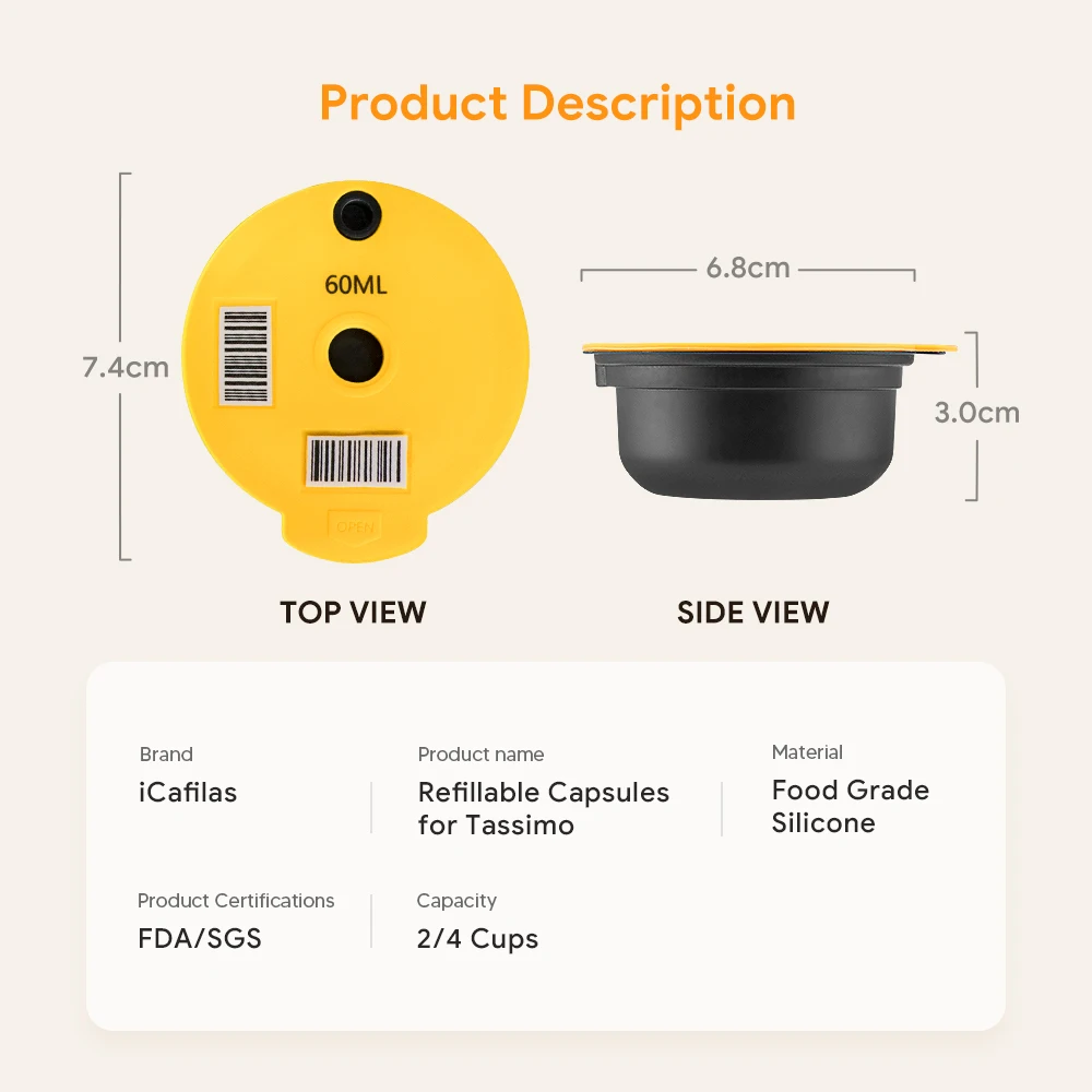 iCafilas Reusable Coffee Capsule 60/180ML for Tassimo BOSCH Machine Refillable Filter Cup Pod Espresso Maker Food-grade Silicone