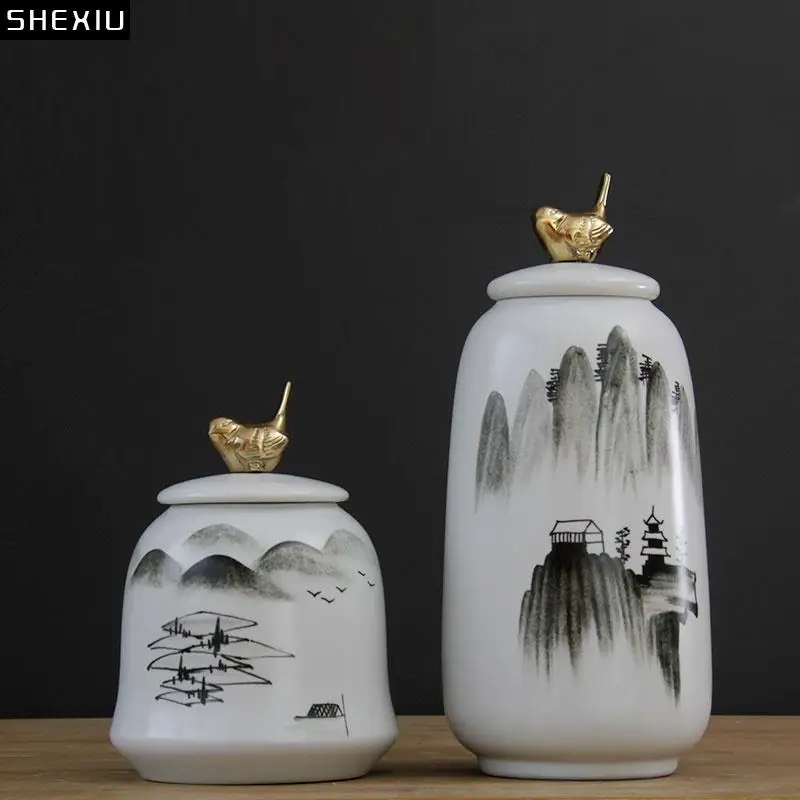 

European Style Hand-painted Landscape Ceramic Jar Flower Living Room Decoration Golden Bird Storage Tank Home Decoration Modern