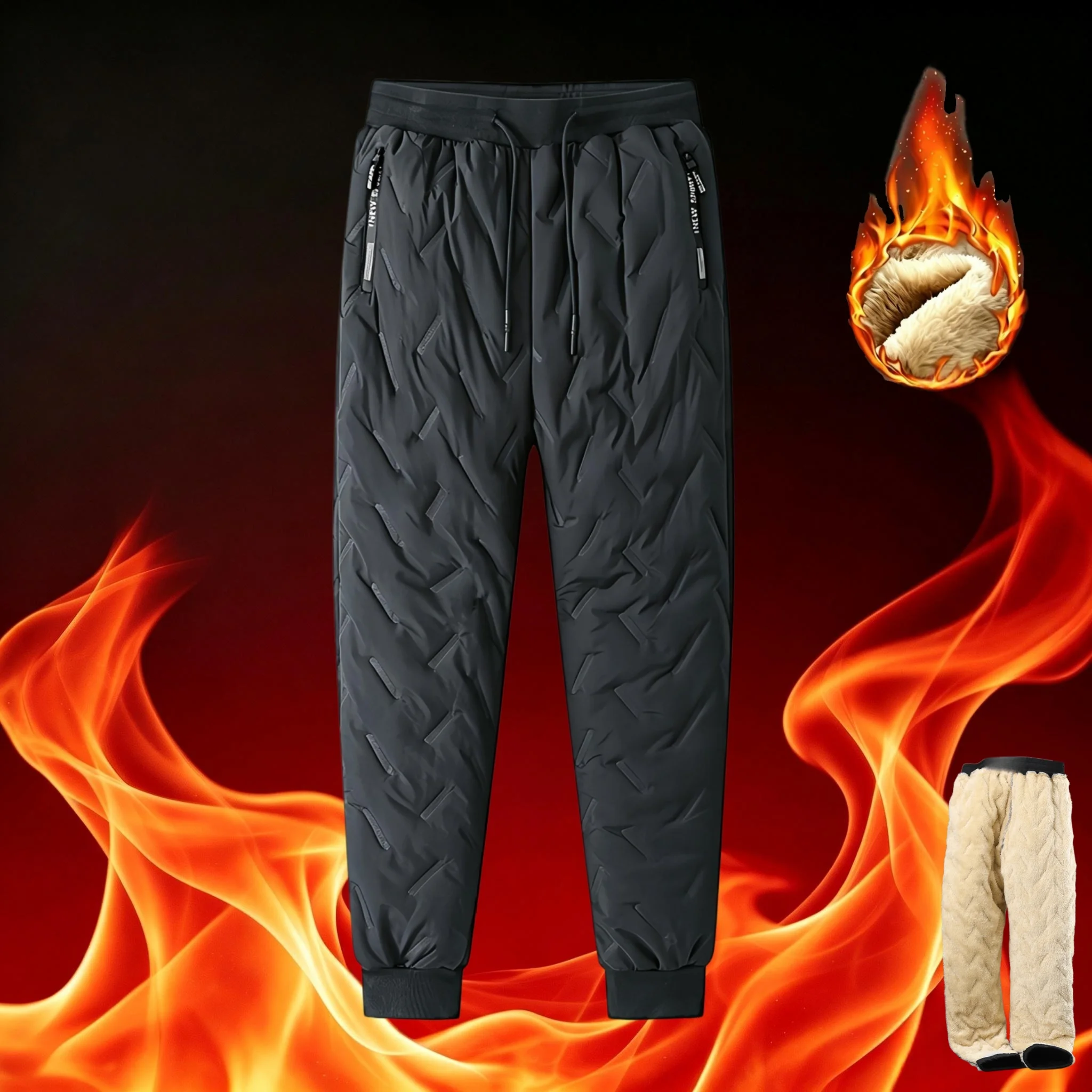 Men Winter Warm Padded Pants Elastic Drawstring Waist Zip Pockets Windproof Jogger Thermal Cotton Trousers