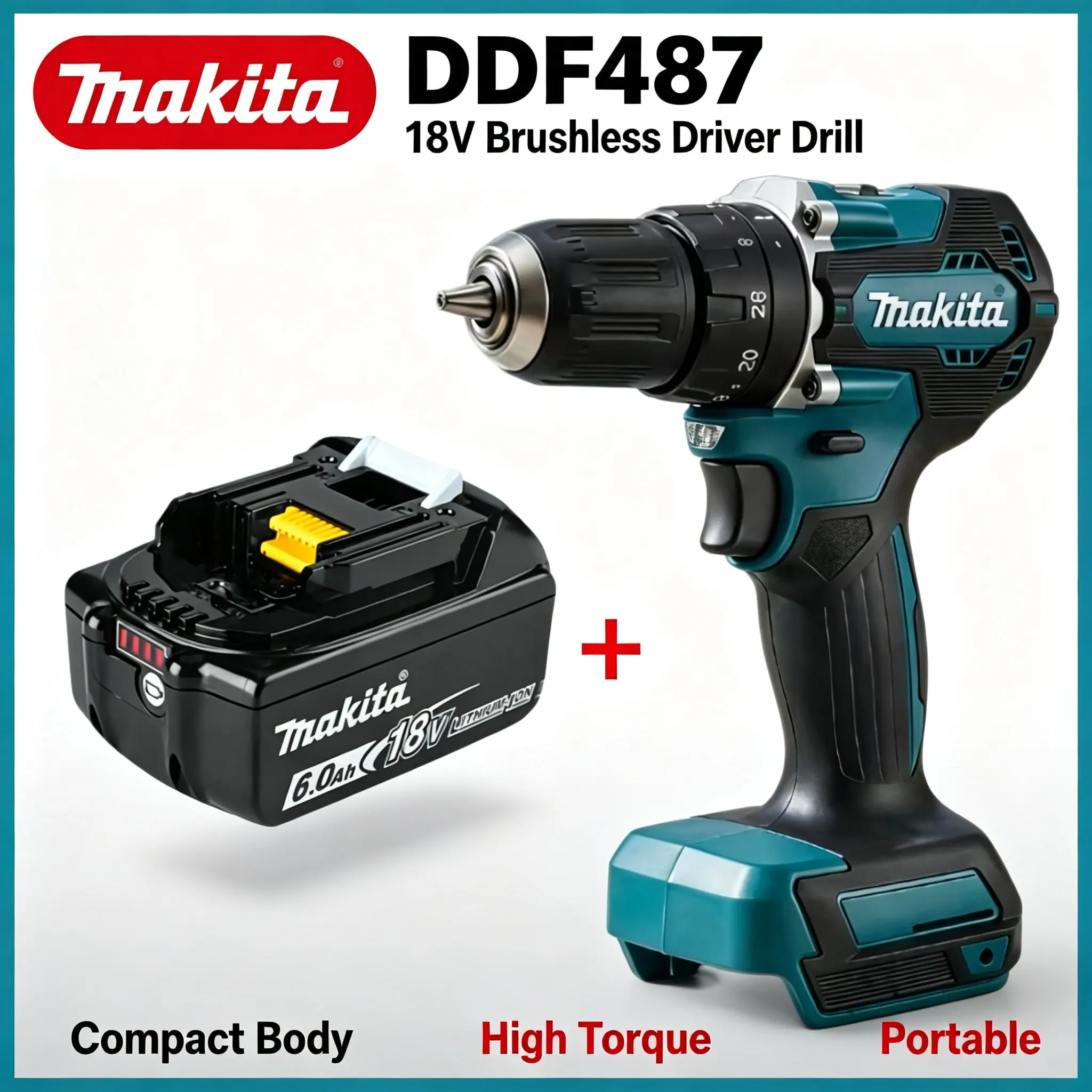 Makita DDF487, trapano avvitatore professionale a batteria, 18V, senza spazzole, ricaricabile, con batteria al litio, cacciavite elettrico compatto, utensile elettrico per progetti fai-da-te.