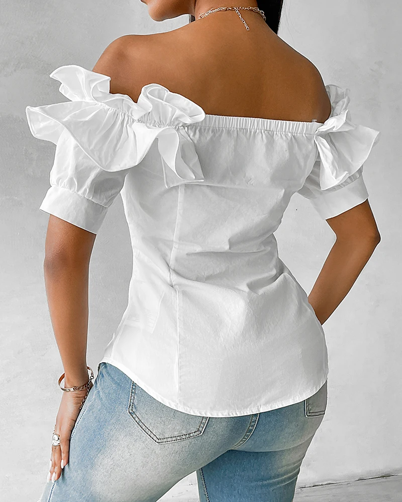 2024 Buttoned Ruffles Asymmetrical Hem Short Sleeve Blouse Women Top