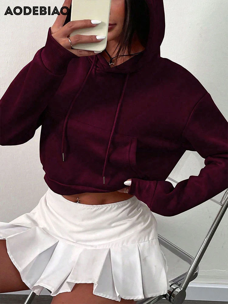 

AODEBIAO Hoodie Women Autumn Sports Long Sleeves Fashion Pullover Hooded Coat Casual Basic Crop Hooded Hoodie Women Streetwear