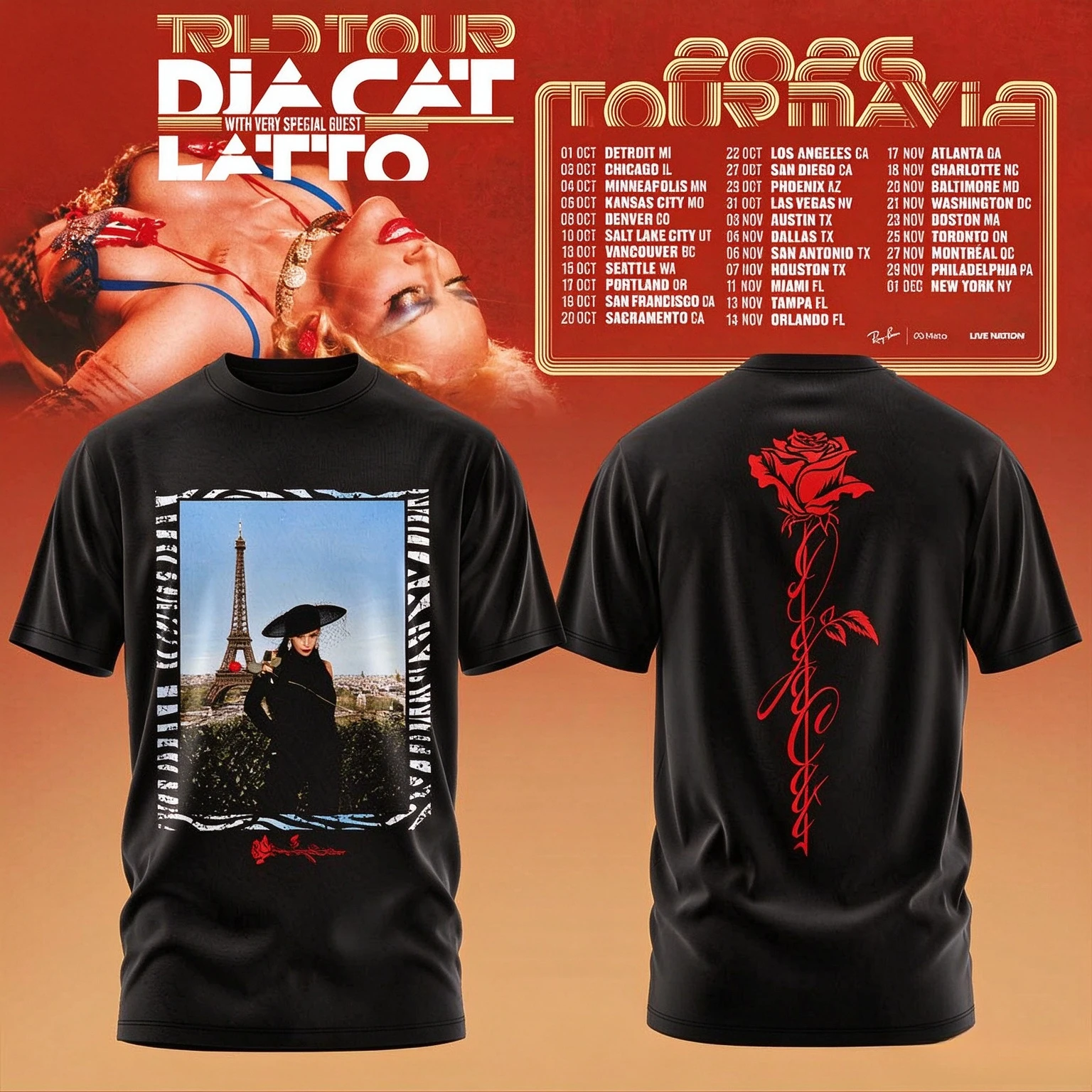 Doja Cat 2026 Ma Vie World Tour T-shirt Double Sided Eiffel Tower Red Rose Print Short Sleeve Pop Singer Concert Fans Tee