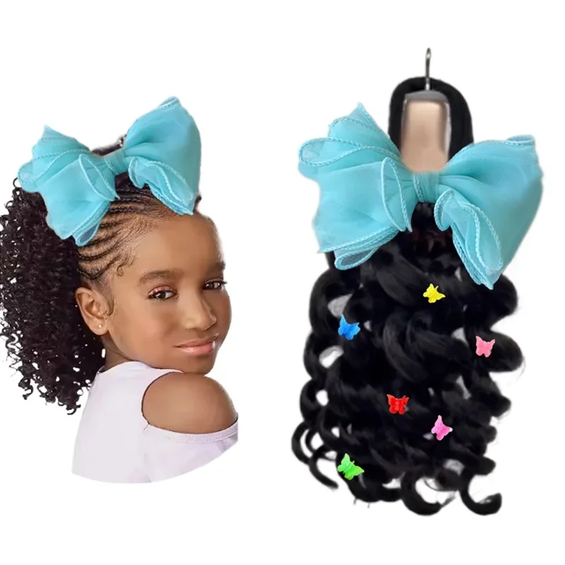 NEW 2pcs/Little Girls Ponytail Hair Extensions Kanekalon Human Hair Like Curly Wavy Private-lable Hair 10 Roots  for Black Girls