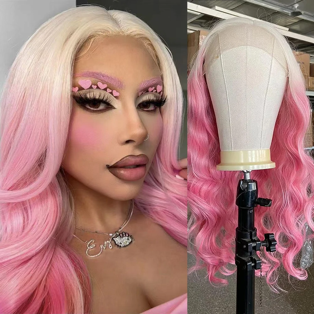 RONGDUOYI Blonde to Pink Ombre Pink Wig Body Wavy Synthetic Lace Front Wig Natural Long Hair Heat Fiber Cosplay Makeup Women Use