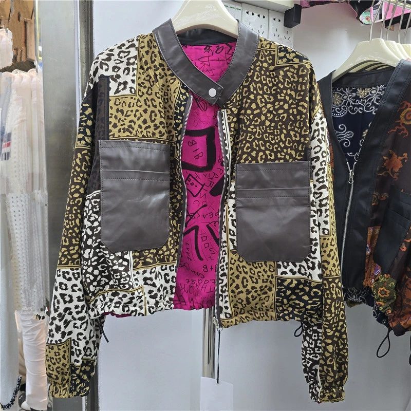 Vintage Faux Pu Leather Pocket Patchwork Leopard Print Short Jacket Stand-Up Collar Zipper Long Sleeve Autumn Female Outerwear