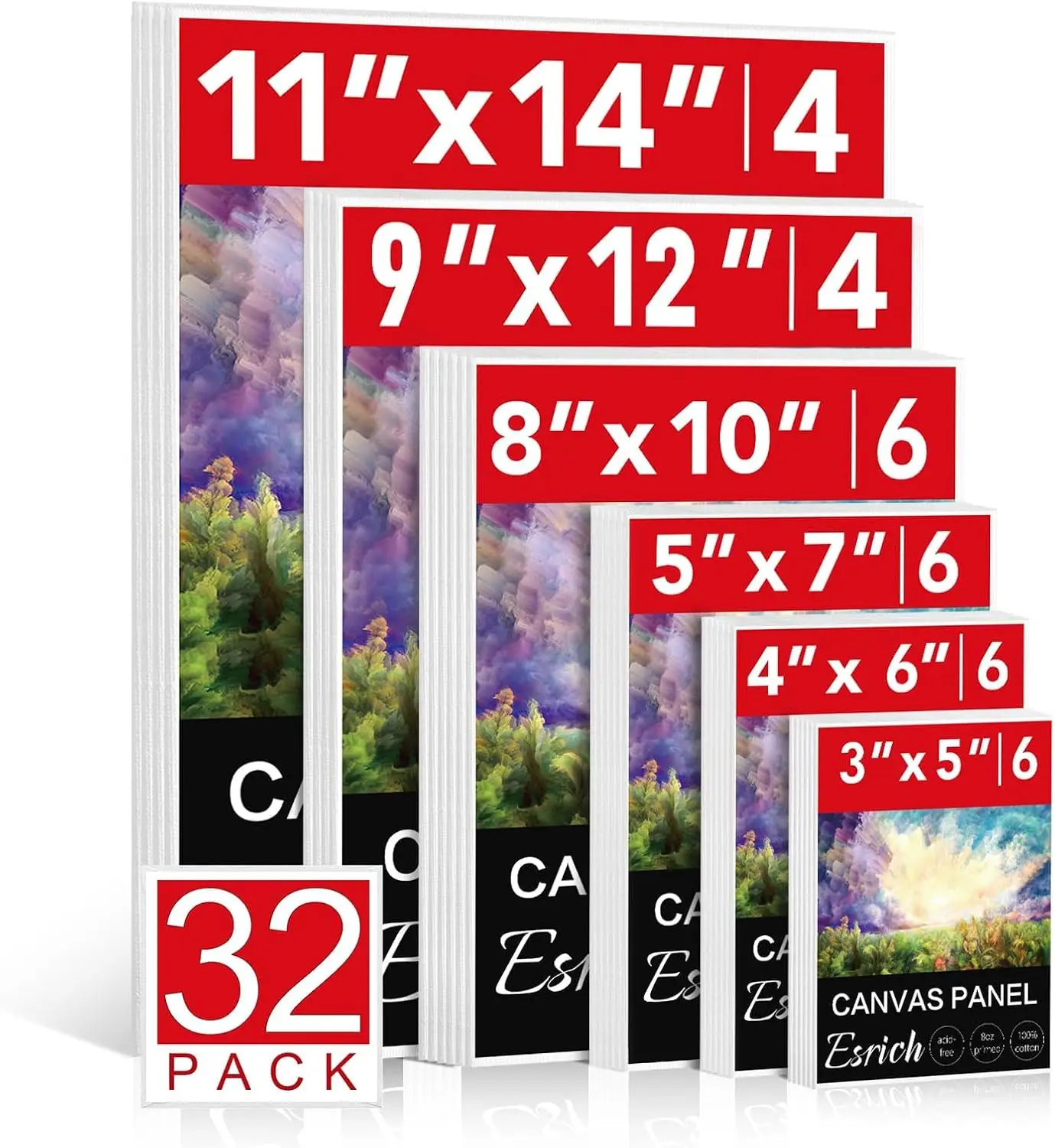 

32 Pack Canvas Boards for Painting - 6 Sizes, Cotton Primed, for Acrylic, Oil, Gouache & Tempera