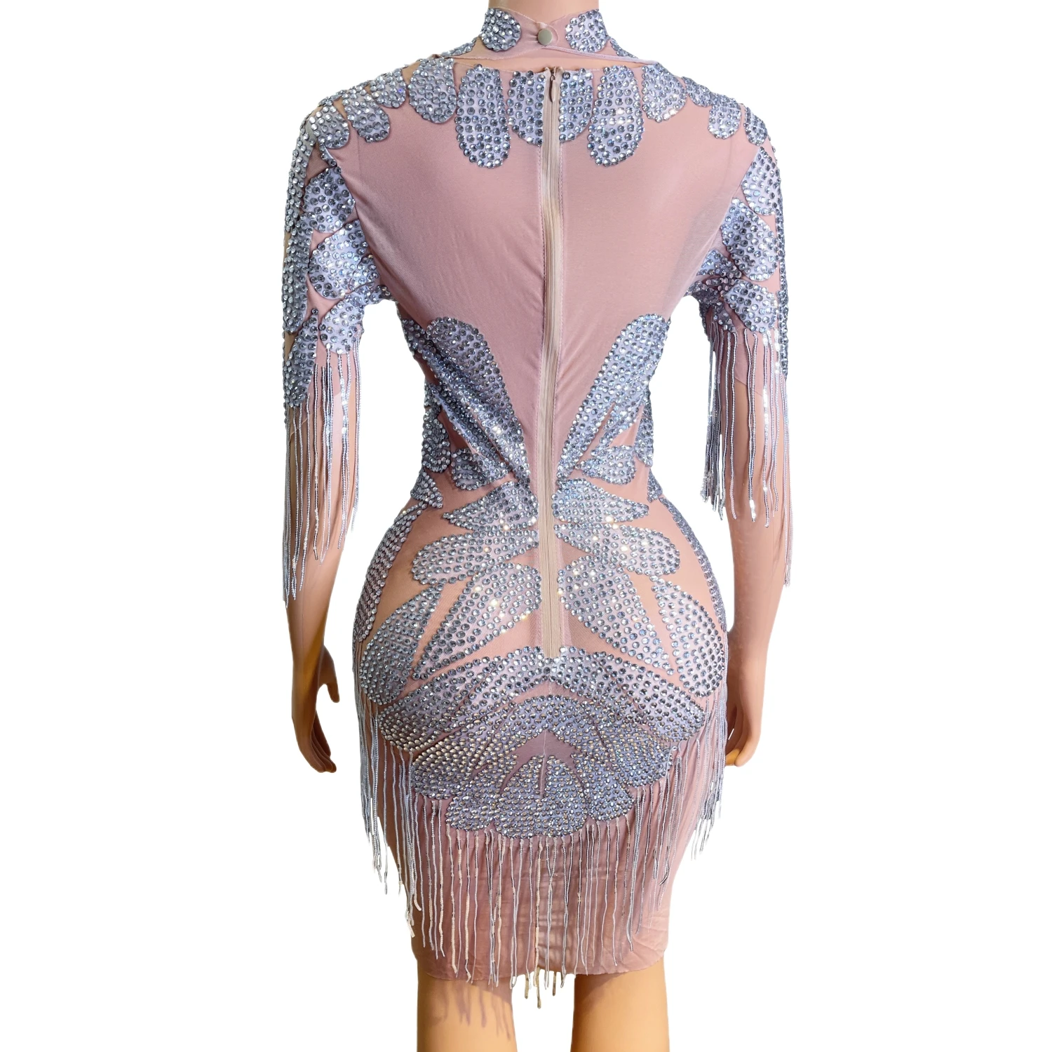 Baihuaban Elegant Silver Crystal Rhinestone Fringe Bodycon Mini Dress Sheer Mesh High Neck Long Sleeve Evening Party Dress