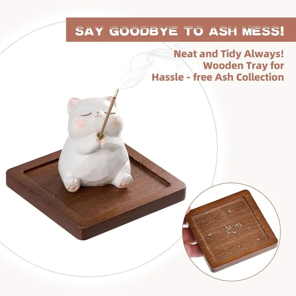 حامل بخور للعصي مع الموقد وصائد الرماد - قطة راتينج، صينية خشبية، 10 أعواد بخور للتأمل واليوجا والمنتجعات الصحية اللطيفة