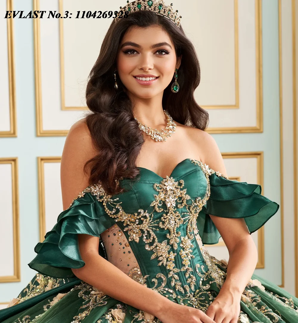 EVLAST Customized Dark Green Quinceanera Dress Ball Gown Gold Lace Applique Beading Tiered Sweet 16 Vestido De 15 Anos E3Q213